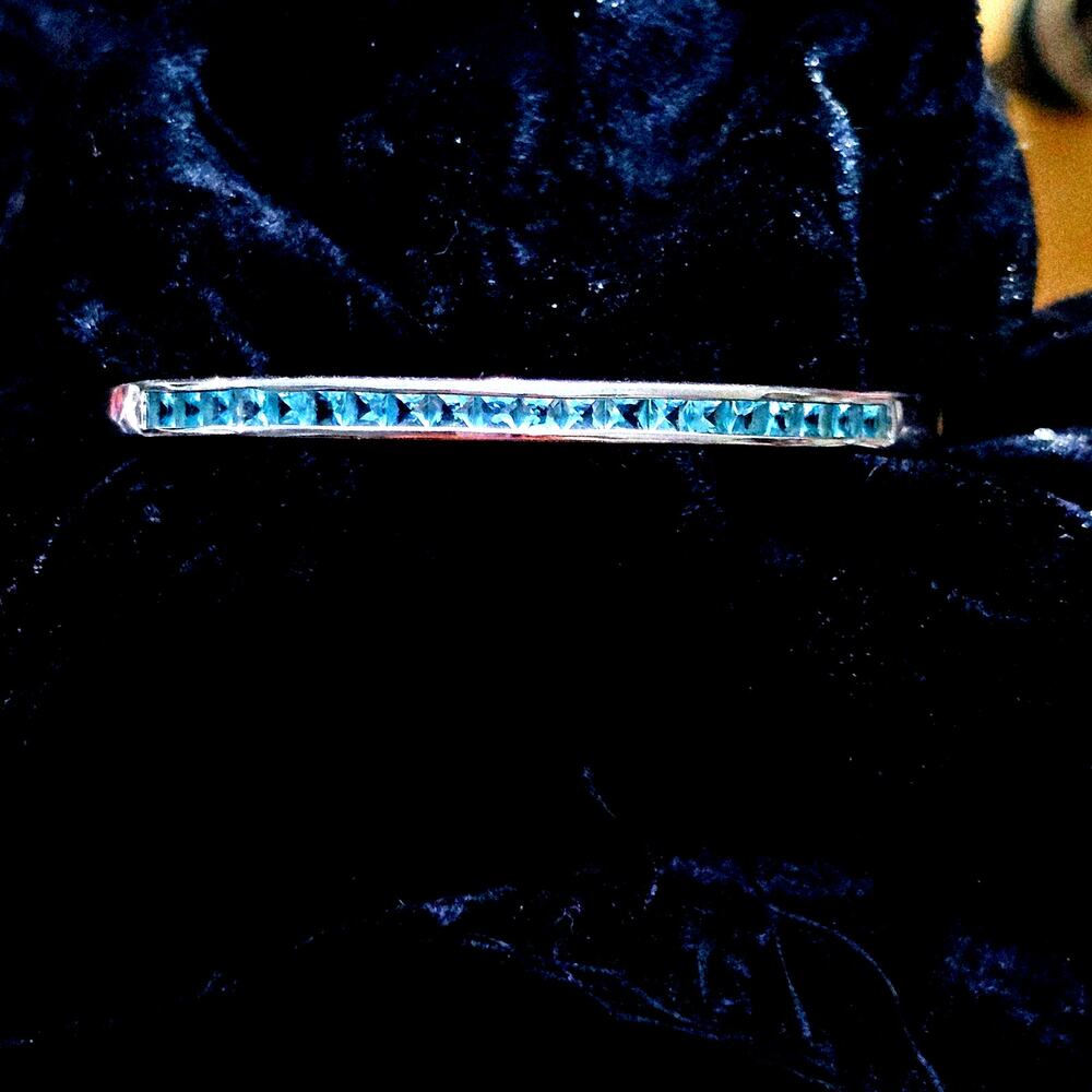 Princess Cut Aquamarine Channel Set Sterling Silver Bangle Bracelet